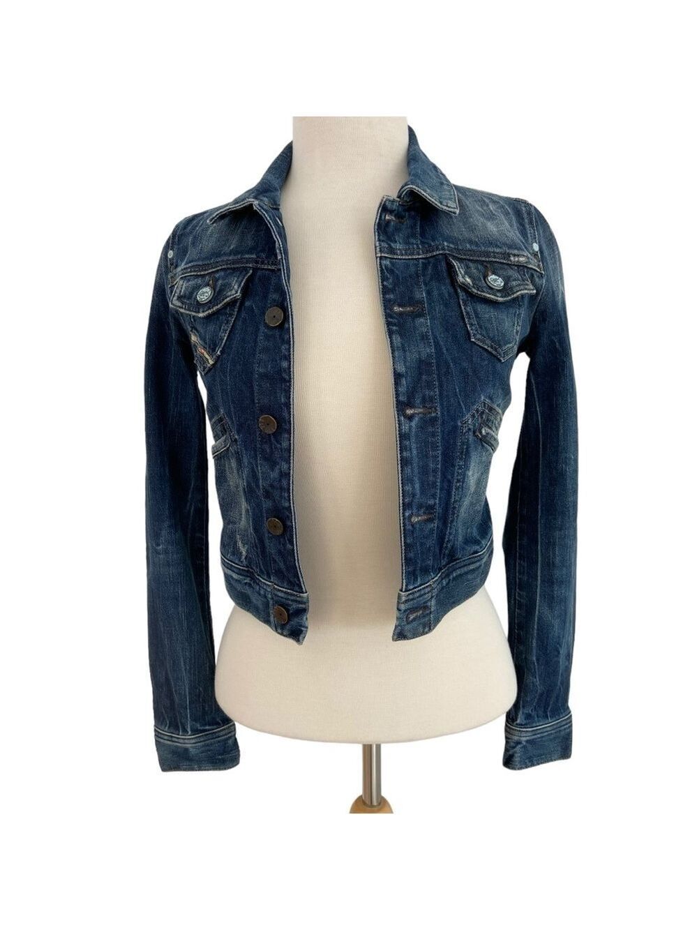 Diesel women jean trucker jacket crop pockets button up stretch blue denim XS
